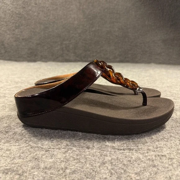 FitFlop Sandals Shoes Womens Size 9 Brown Thong Wedge Comfort Chain Slip On - Picture 2 of 10